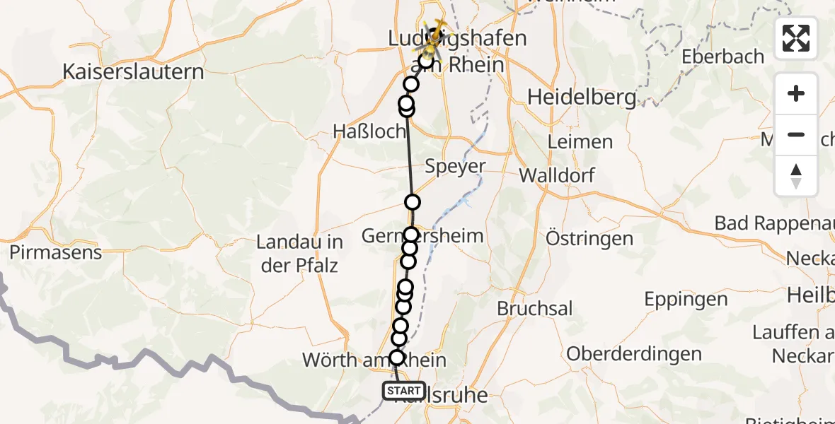 Flugroute Ambulanzhubschrauber Karlsruhe - Ludwigshafen Accident Hospital, 08 Juni 2026, 13:31