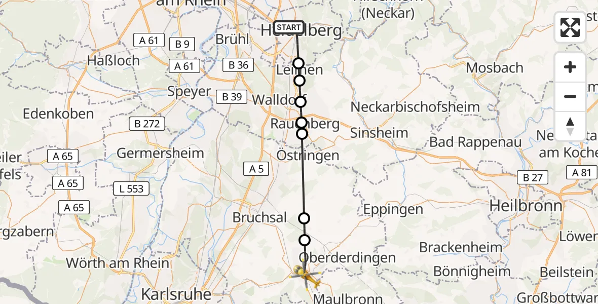 Flugroute Rettungshubschrauber Heidelberg - Bretten, 08 Juni 2026, 13:32