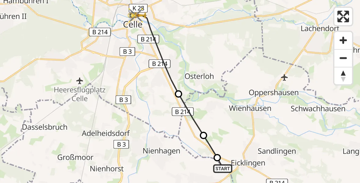 Flugroute Rettungshubschrauber Wathlingen - Celle, 08 Juni 2026, 13:33