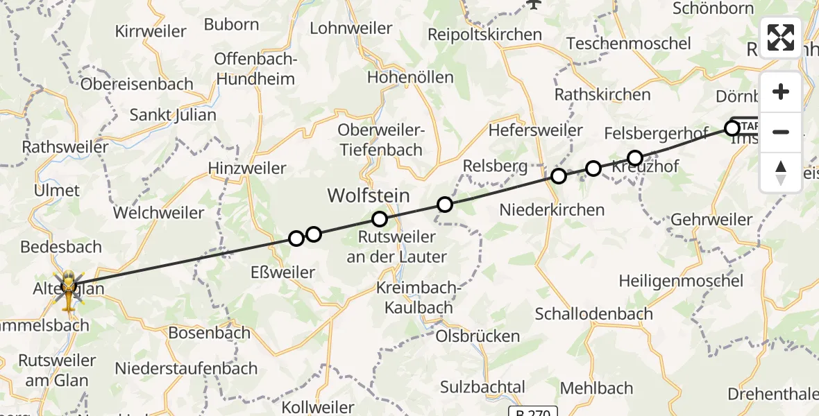 Flugroute Rettungshubschrauber Imsweiler UL - Altenglan, 08 Juni 2026, 13:33