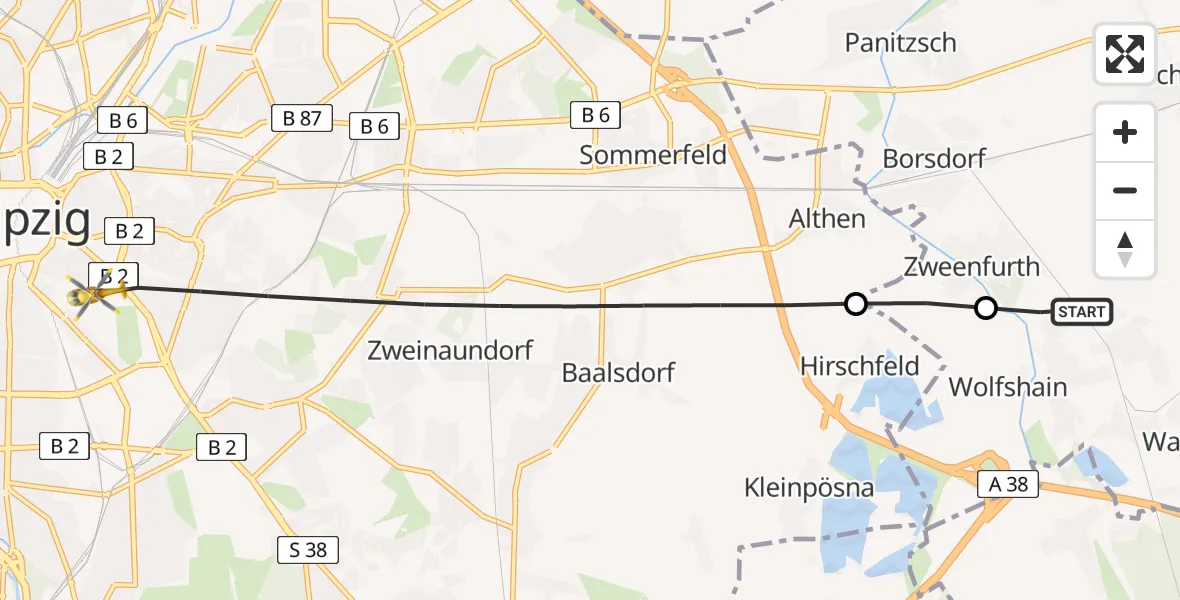 Flugroute Rettungshubschrauber Brandis - Leipzig University Hospital Hubschrauberlandeplatz 1, 08 Juni 2026, 13:35