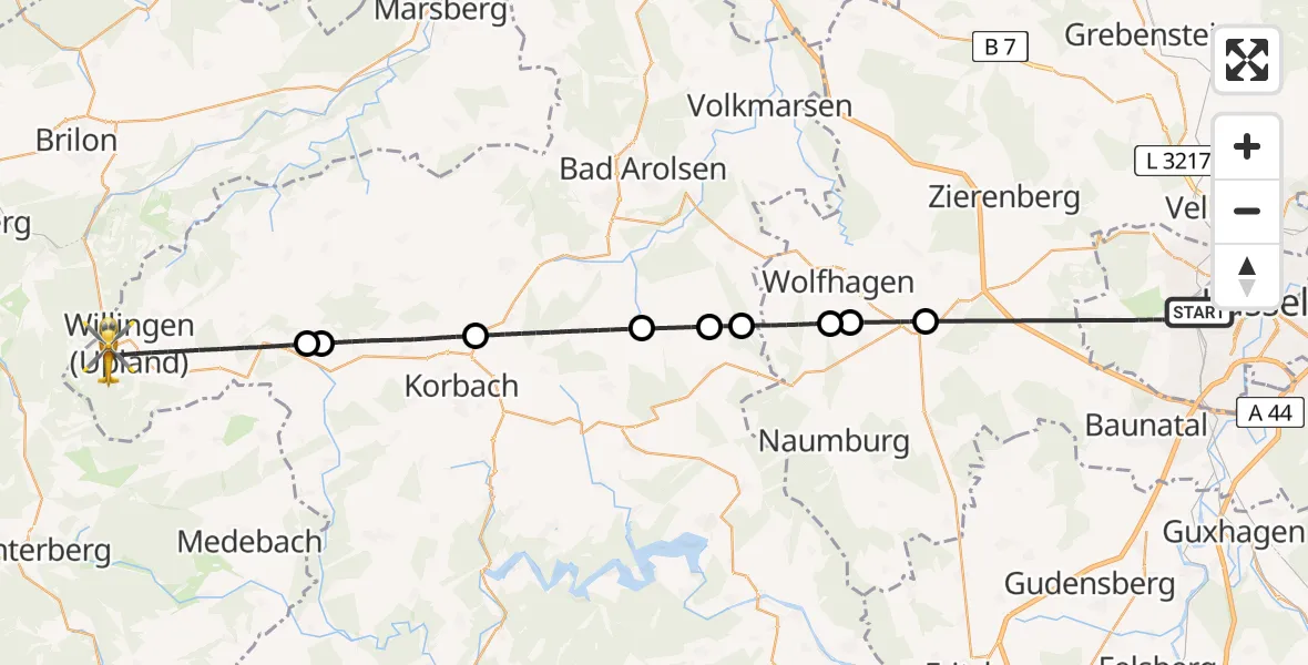 Flugroute Rettungshubschrauber Kassel - Willingen (Upland), 08 Juni 2026, 13:36
