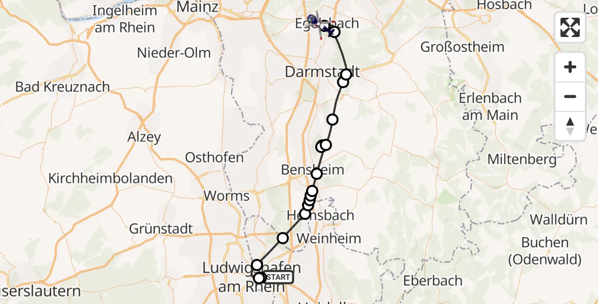 Flugroute Polizeihubschrauber Mannheim-City Flughafen - Flughafen Frankfurt-Egelsbach, 08 Juni 2026, 13:38