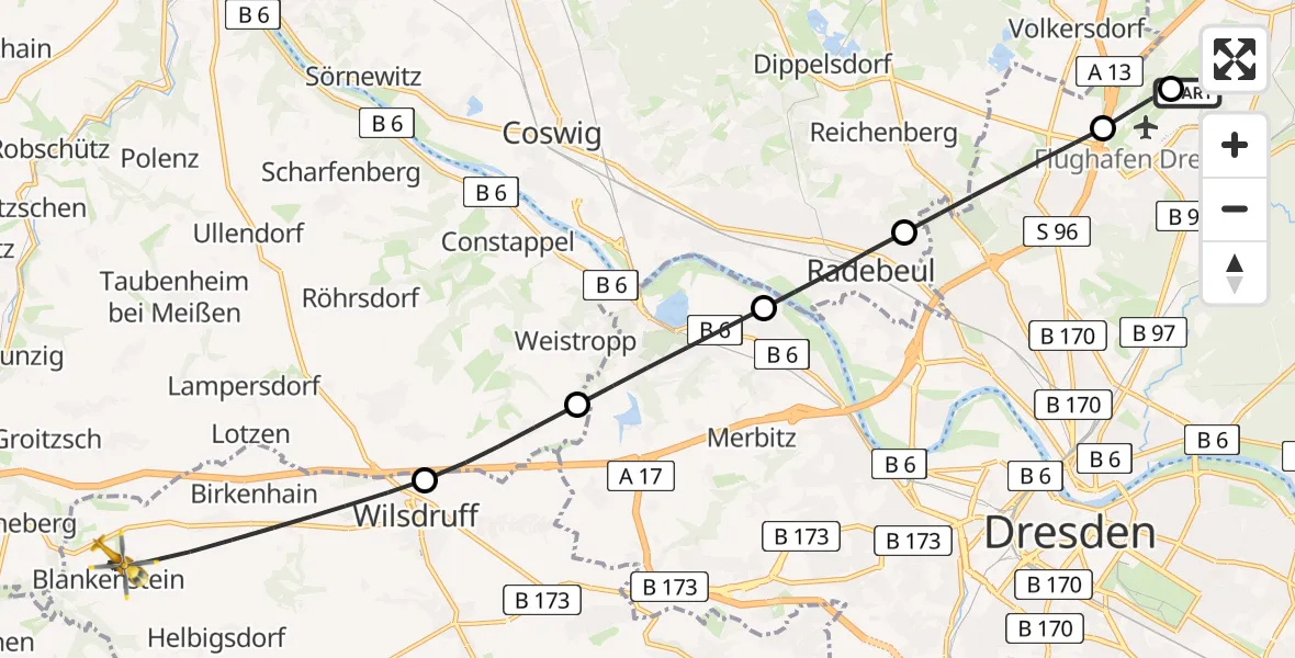 Flugroute Rettungshubschrauber Dresden Bundespolizei Hubschrauberlandeplatz - Wilsdruff, 08 Juni 2026, 13:44