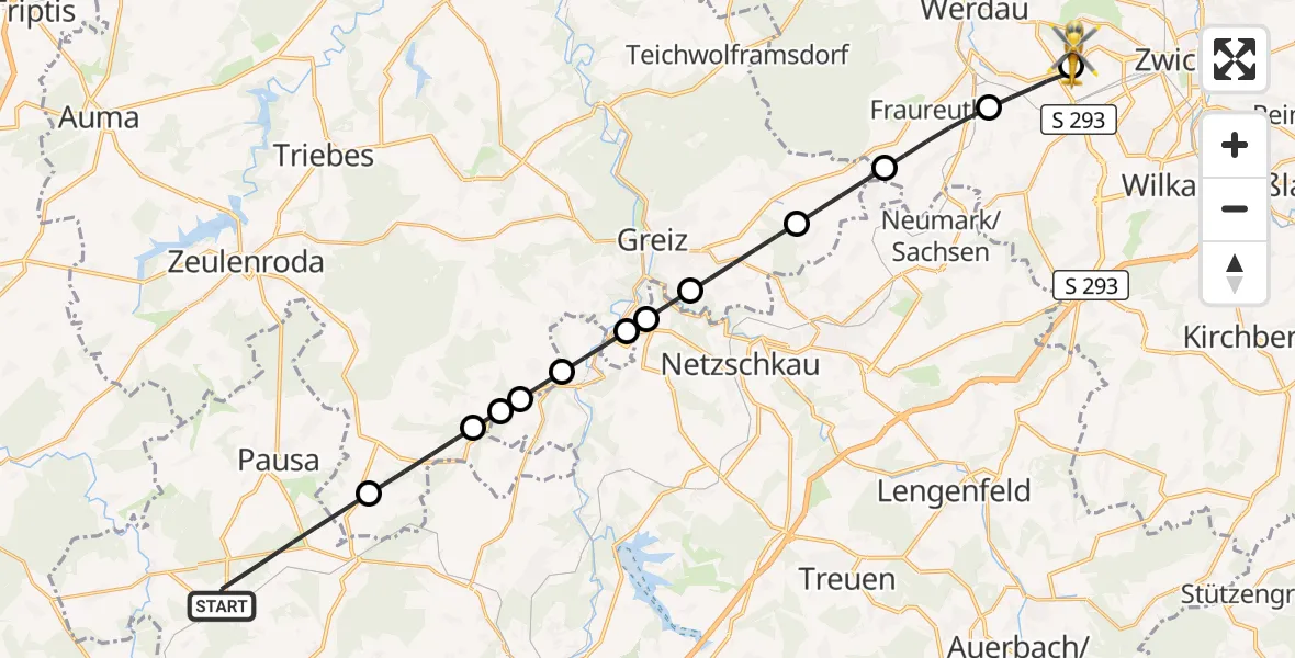 Flugroute Rettungshubschrauber Rosenbach/Vogtl. - ADAC Air Rescue Station Zwickau Hubschrauberlandeplatz, 08 Juni 2026, 13:47