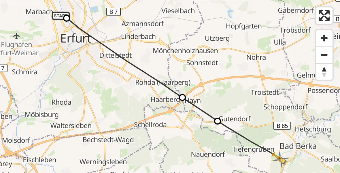 Flugroute Ambulanzhubschrauber Helios Clinic Erfurt - DRF Rettungsstation Bad Berka Hubschrauberlandeplatz, 08 Juni 2026, 13:50