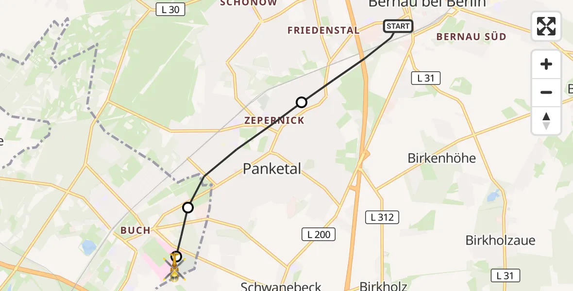 Flugroute Rettungshubschrauber Bernau bei Berlin - Helios Clinic Berlin-Buch, 08 Juni 2026, 13:54