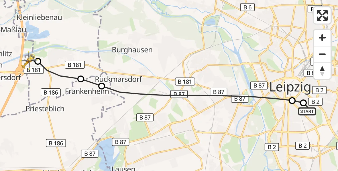 Flugroute Rettungshubschrauber Leipzig University Hospital Heliport 1 - ADAC Air Rescue Station Leipzig/Schkeuditz-Dölzig Hubschrauberlandeplatz (Christoph 61), 08 Juni 2026, 13:57