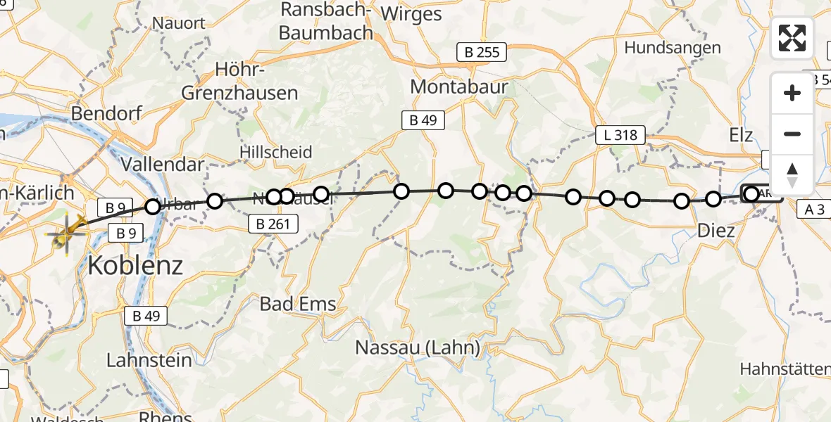 Flugroute Rettungshubschrauber Saint Vincent Hospital Limburg - Koblenz, 08 Juni 2026, 14:01