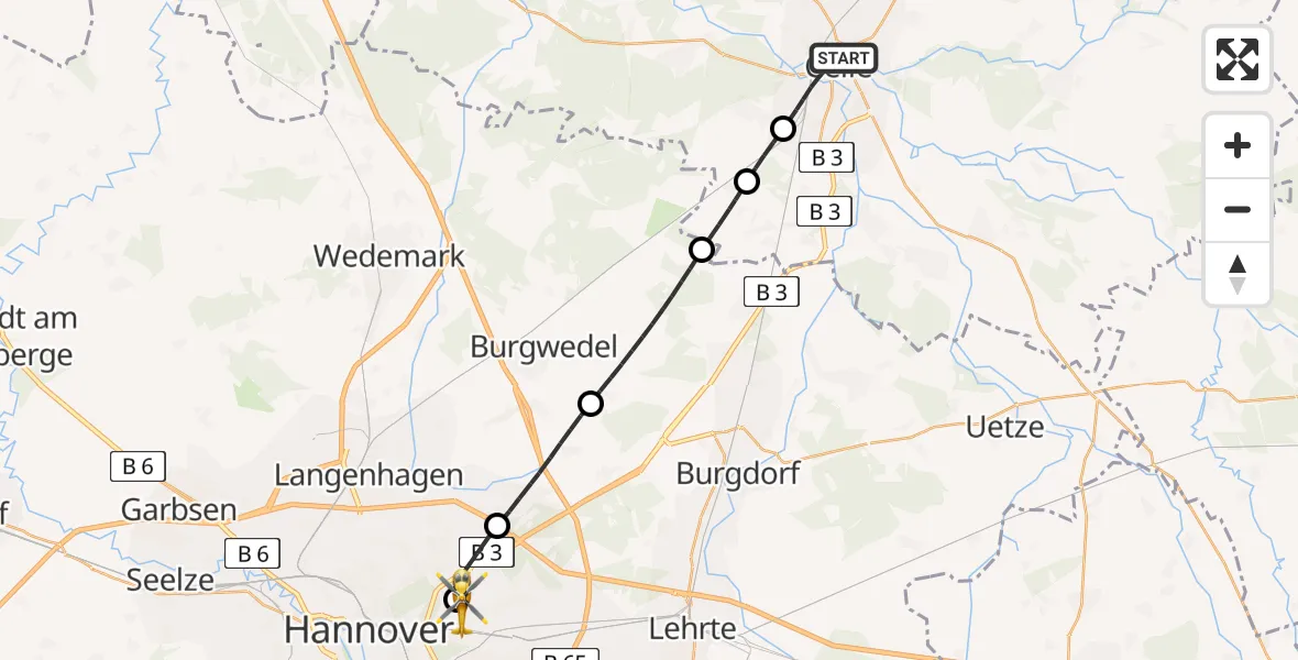Flugroute Rettungshubschrauber Celle - Hannover Luftrettung Hubschrauberlandeplatz (Christoph 4), 08 Juni 2026, 14:01