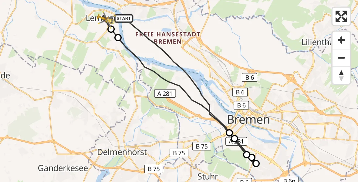 Flugroute Rettungshubschrauber Bremen - Lemwerder, 08 Juni 2026, 14:03