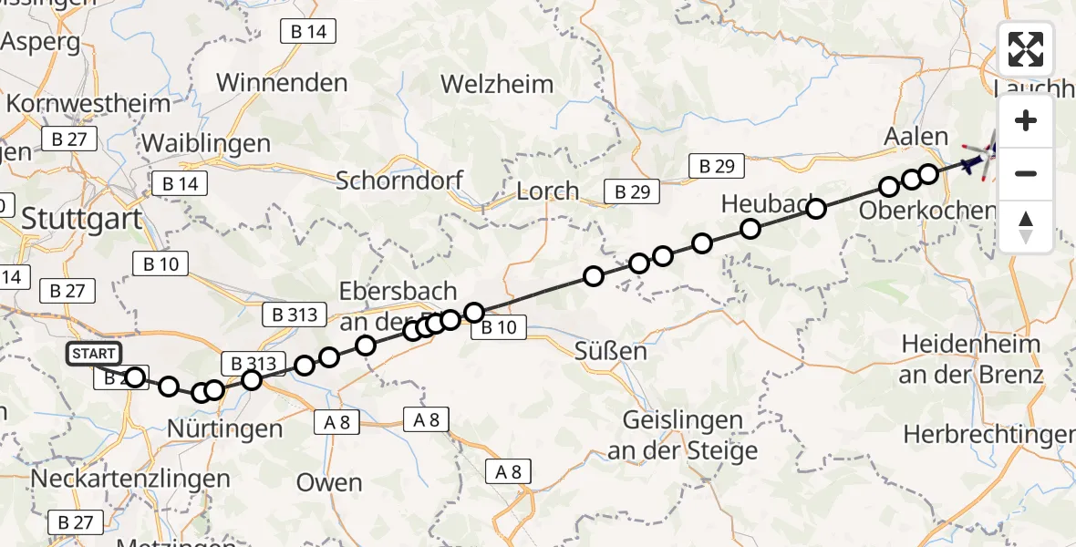 Flugroute Polizeihubschrauber Flughafen Stuttgart - Aalen, 08 Juni 2026, 14:03