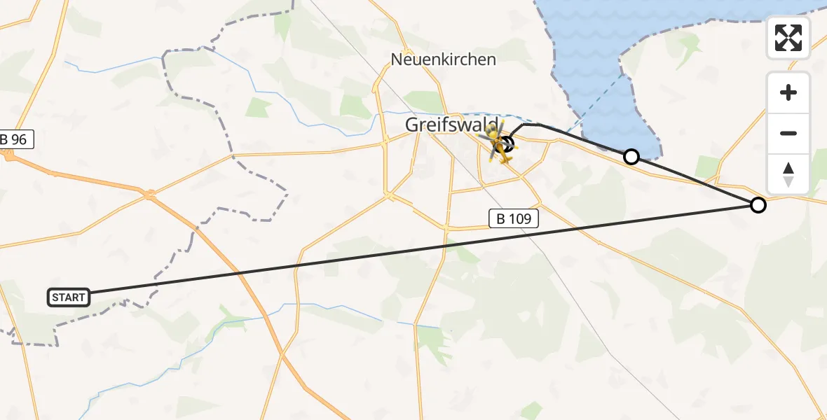 Flugroute Rettungshubschrauber Süderholz - Greifswald Hospital, 08 Juni 2026, 14:05