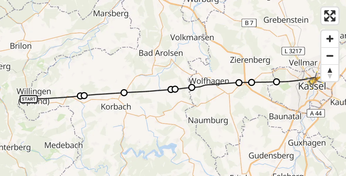 Flugroute Rettungshubschrauber Willingen (Upland) - Kassel, 08 Juni 2026, 14:11