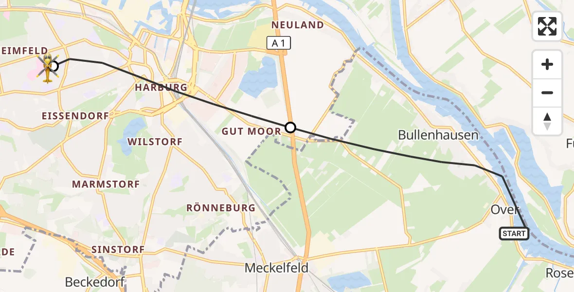 Flugroute Rettungshubschrauber Seevetal - Asklepios Hospital Harburg, 08 Juni 2026, 14:23
