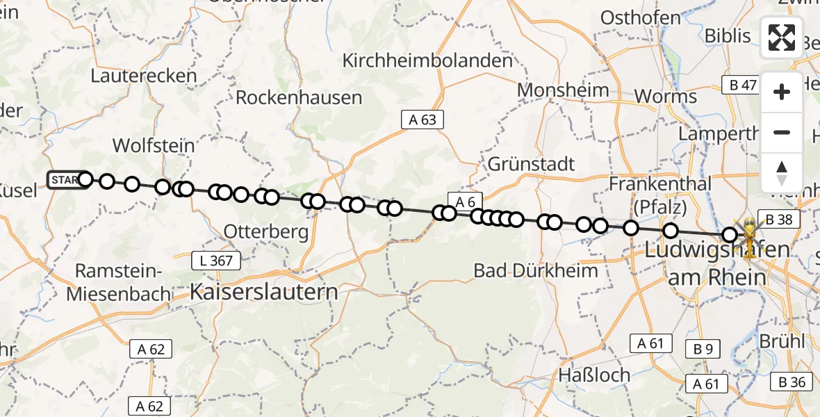 Flugroute Rettungshubschrauber Altenglan - Mannheim, 08 Juni 2026, 14:25