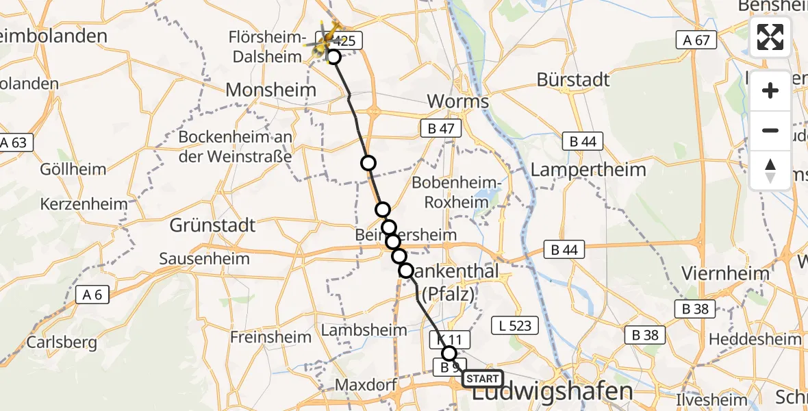 Flugroute Rettungshubschrauber Ludwigshafen am Rhein - Mörstadt, 08 Juni 2026, 14:34
