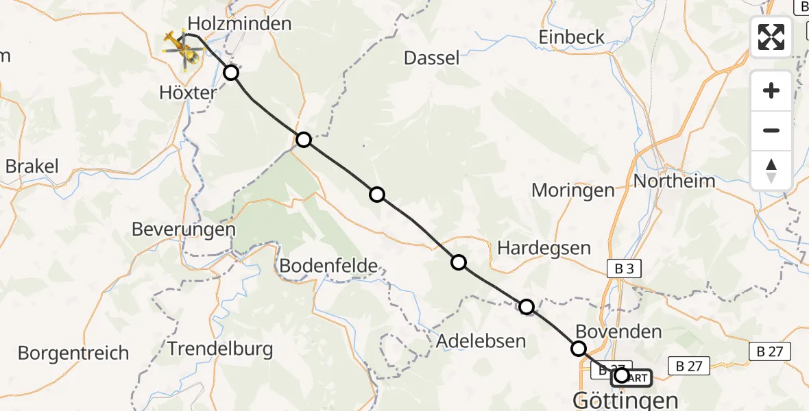 Flugroute Rettungshubschrauber Göttingen University Clinic Hubschrauberlandeplatz - Höxter-Holzminden Flugplatz, 08 Juni 2026, 14:37