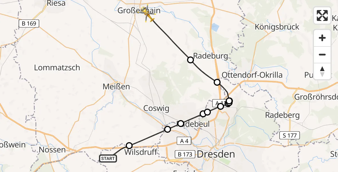 Flugroute Rettungshubschrauber Wilsdruff - Großenhain, 08 Juni 2026, 14:39