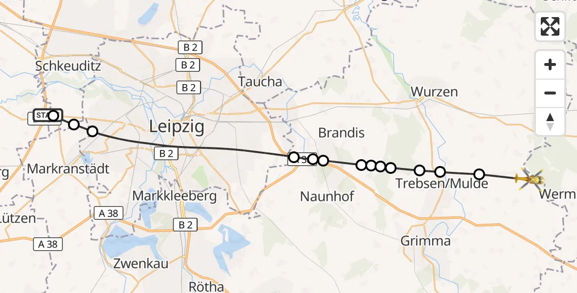 Flugroute Rettungshubschrauber ADAC Air Rescue Station Leipzig/Schkeuditz-Dölzig Hubschrauberlandeplatz (Christoph 61) - Grimma, 08 Juni 2026, 14:48