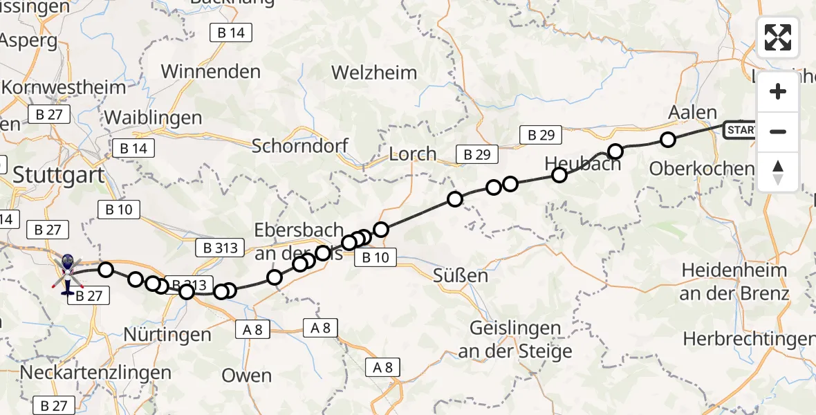 Flugroute Polizeihubschrauber Aalen - Flughafen Stuttgart, 08 Juni 2026, 14:56