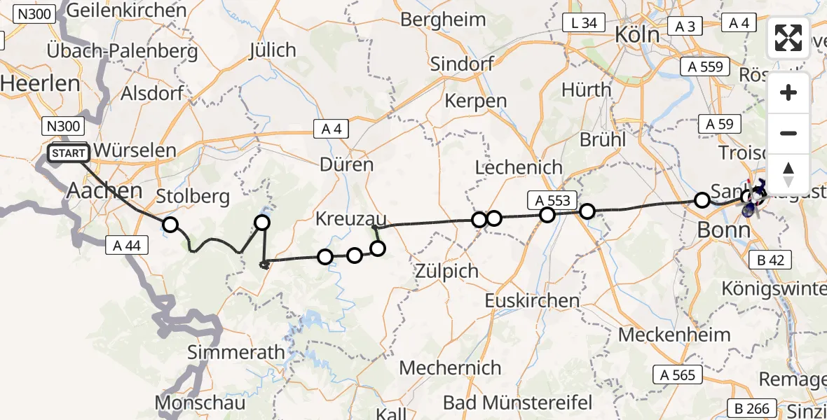 Flugroute Polizeihubschrauber Aachen - Sankt Augustin, 08 Juni 2026, 15:00