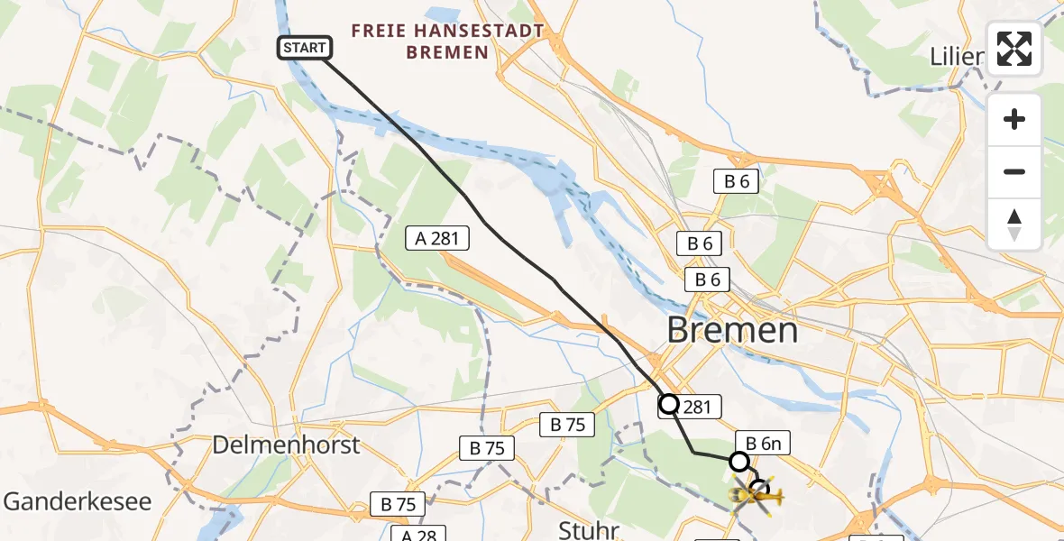 Flugroute Rettungshubschrauber Bremen - ADAC Air Rescue Station Bremen Hubschrauberlandeplatz (Christoph 6), 08 Juni 2026, 15:05