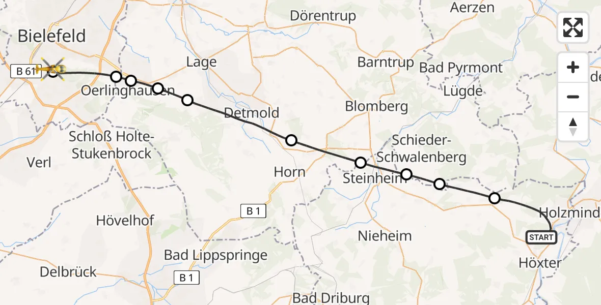 Flugroute Rettungshubschrauber Höxter - Luftrettungszentrum Bielefeld, 08 Juni 2026, 15:07