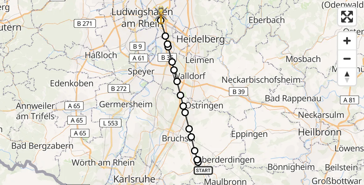 Flugroute Rettungshubschrauber Bretten - Mannheim-City Flughafen, 08 Juni 2026, 15:09