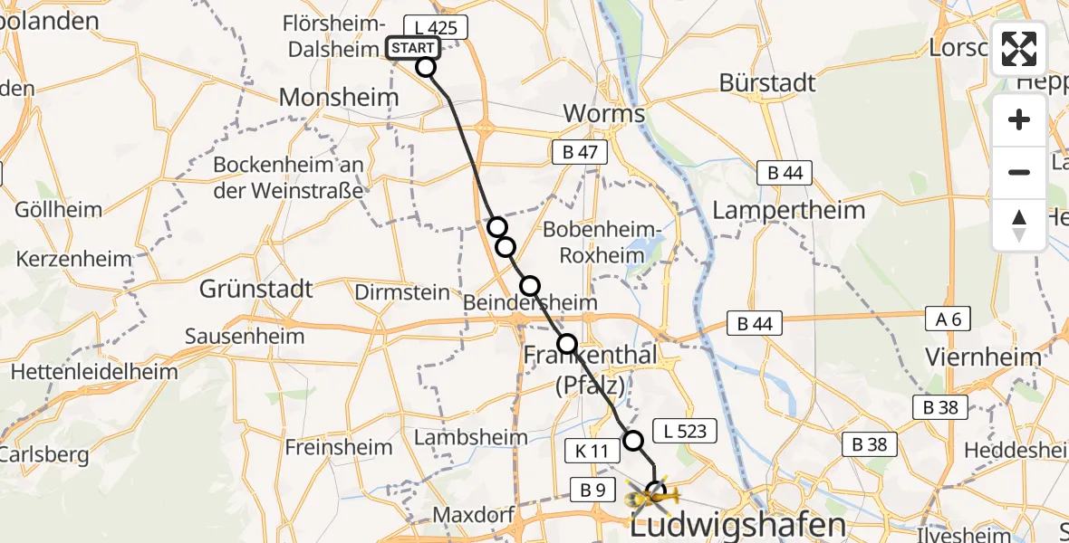 Flugroute Rettungshubschrauber Mörstadt - Ludwigshafen Accident Hospital, 08 Juni 2026, 15:11