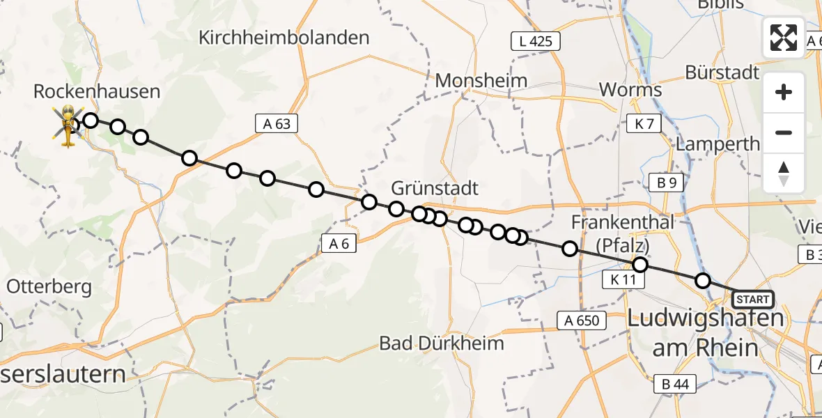 Flugroute Rettungshubschrauber Mannheim - Imsweiler UL, 08 Juni 2026, 15:13
