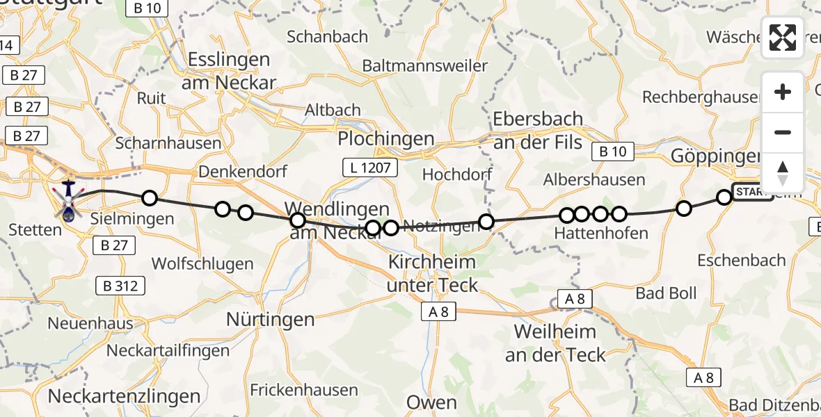 Flugroute Polizeihubschrauber Göppingen - Flughafen Stuttgart, 08 Juni 2026, 15:36