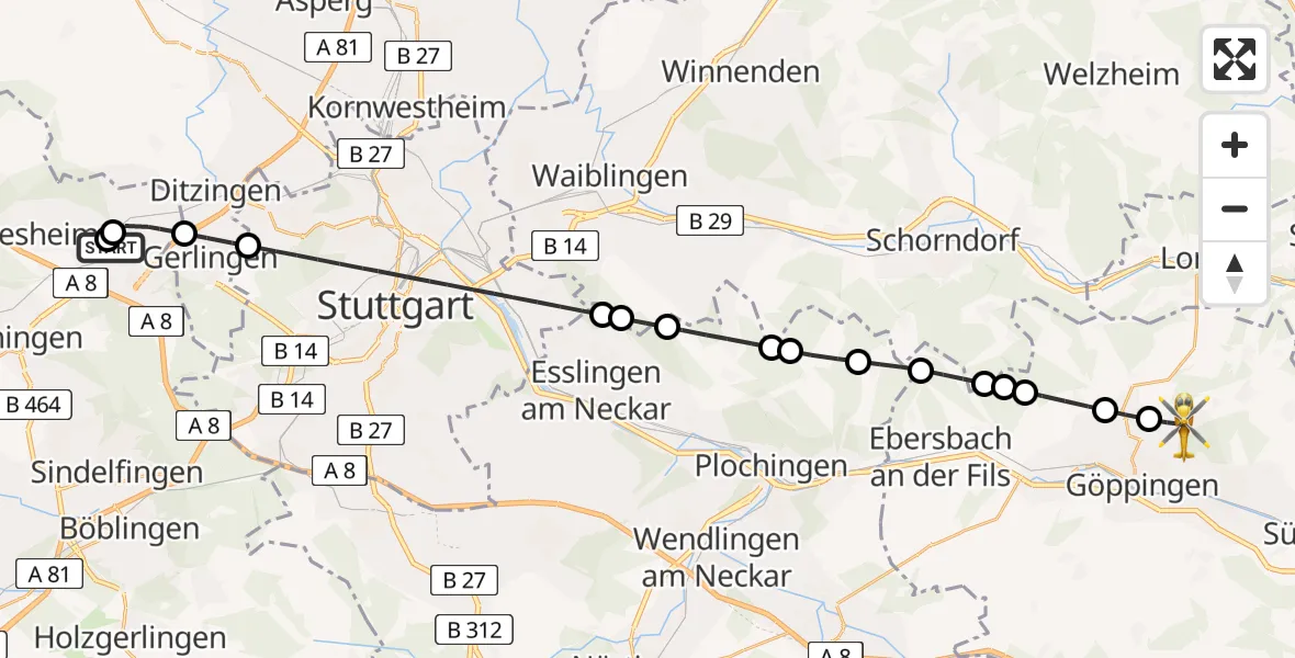 Flugroute Rettungshubschrauber Leonberg Hospital - Göppingen, 08 Juni 2026, 15:40