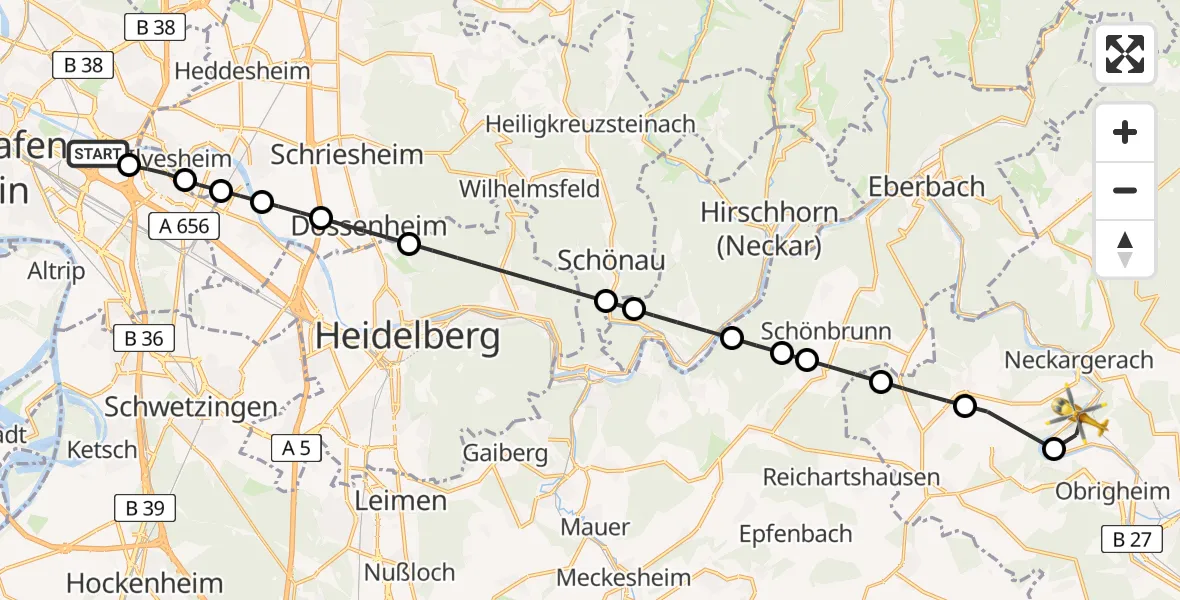 Flugroute Rettungshubschrauber Mannheim-City Flughafen - Binau, 08 Juni 2026, 15:45