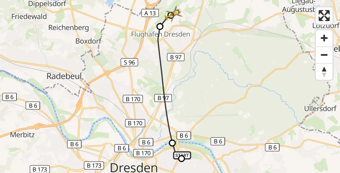 Flugroute Rettungshubschrauber Dresden University Hospital - Dresden Bundespolizei Hubschrauberlandeplatz, 08 Juni 2026, 15:47