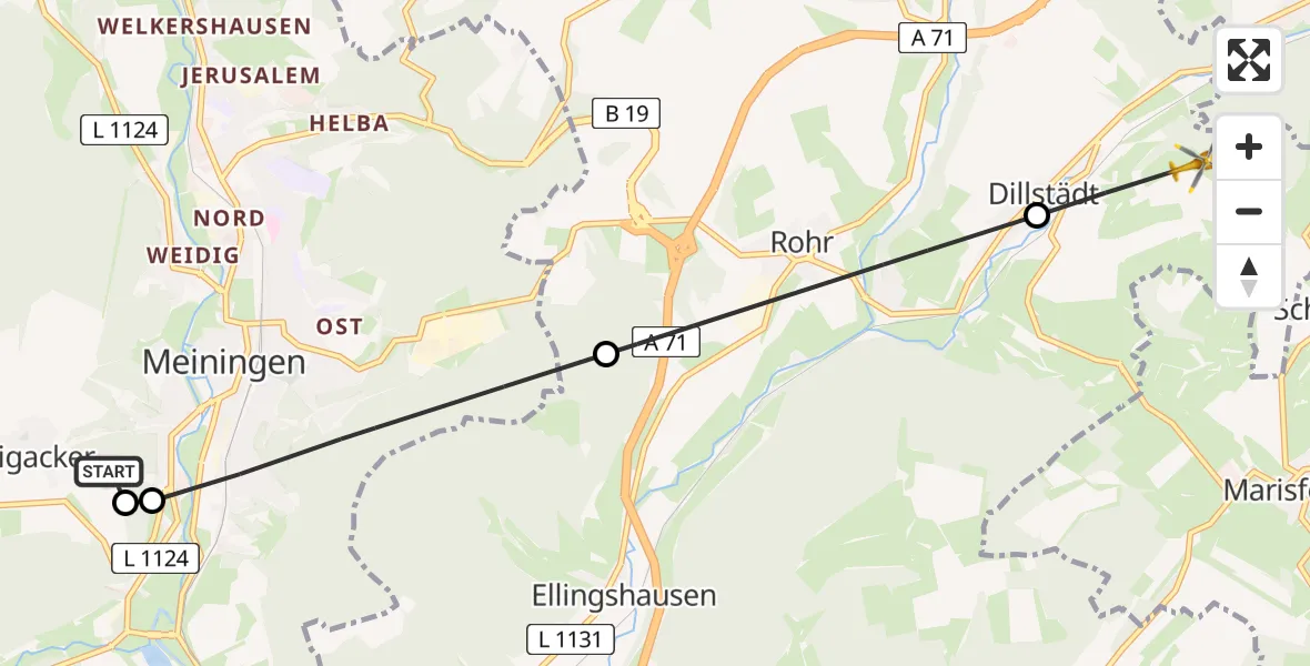 Flugroute Rettungshubschrauber Helios Clinic Meiningen - Dillstädt, 08 Juni 2026, 15:48