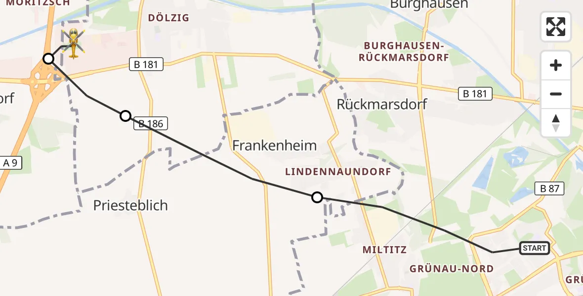 Flugroute Rettungshubschrauber Leipzig - ADAC Air Rescue Station Leipzig/Schkeuditz-Dölzig Hubschrauberlandeplatz (Christoph 61), 08 Juni 2026, 15:53