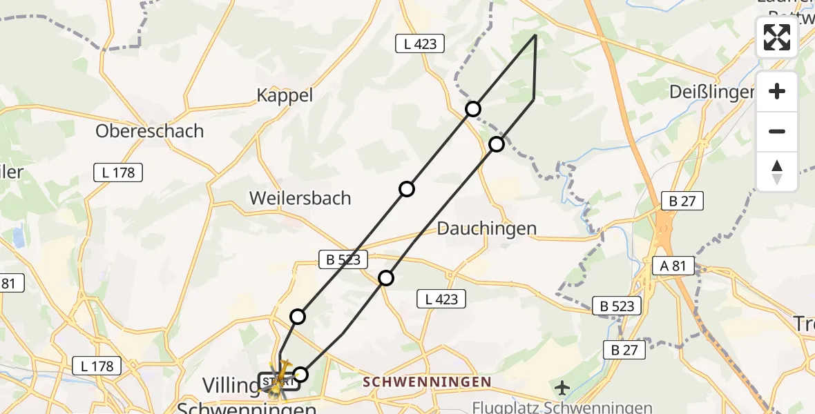 Flugroute Ambulanzhubschrauber DRF Air Rescue Station Villingen-Schwenningen Hubschrauberlandeplatz (Christoph 11) - DRF Air Rescue Station Villingen-Schwenningen Hubschrauberlandeplatz (Christoph 11), 08 Juni 2026, 16:05