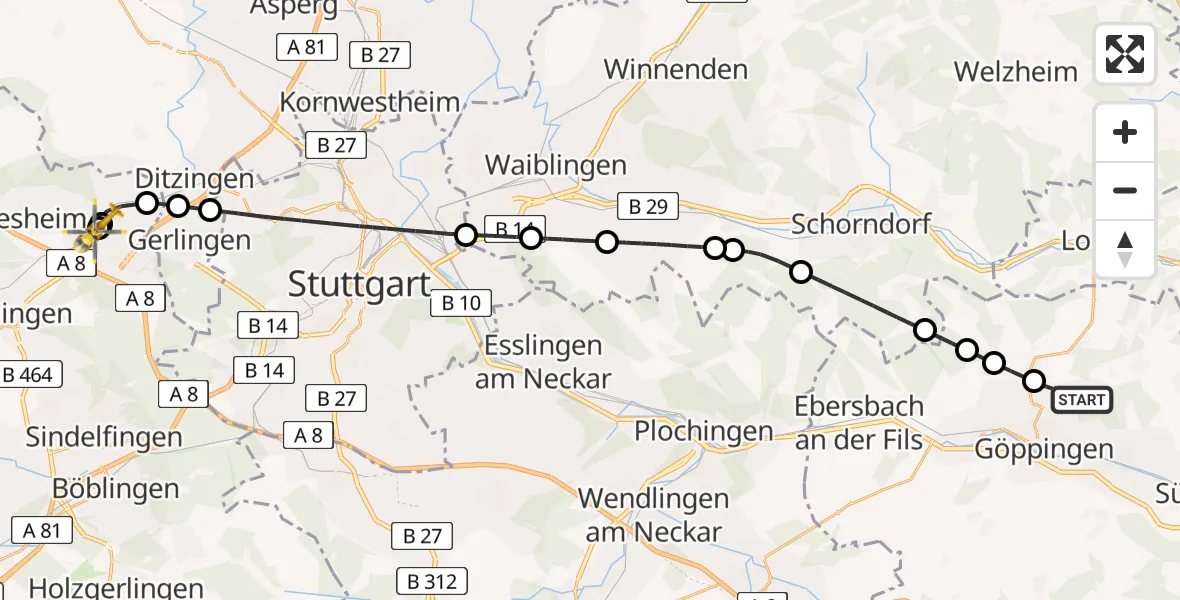 Flugroute Rettungshubschrauber Göppingen - Leonberg Hospital, 08 Juni 2026, 16:06