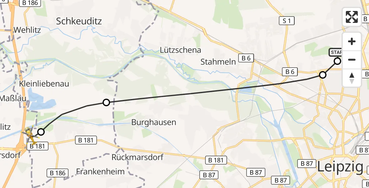 Flugroute Rettungshubschrauber Sankt Georg Hospital Leipzig Reserve - ADAC Air Rescue Station Leipzig/Schkeuditz-Dölzig Hubschrauberlandeplatz (Christoph 61), 08 Juni 2026, 16:33