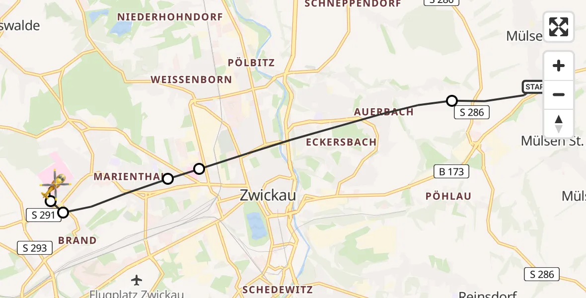 Flugroute Rettungshubschrauber Mülsen - ADAC Air Rescue Station Zwickau Hubschrauberlandeplatz, 08 Juni 2026, 16:34