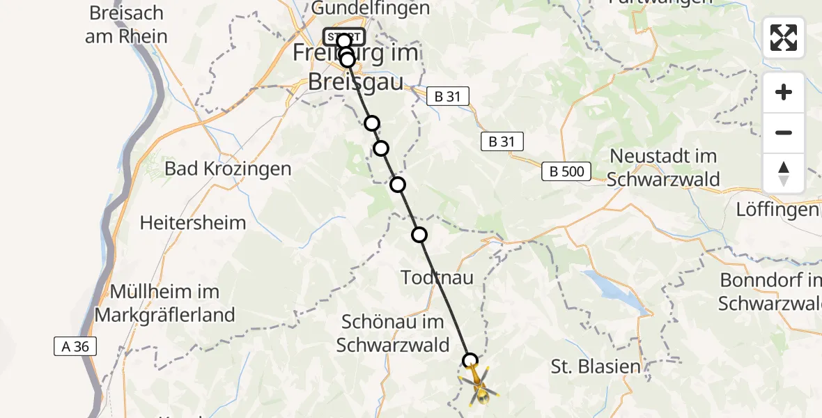 Flugroute Rettungshubschrauber Freiburg im Breisgau Flugplatz - Todtmoos, 08 Juni 2026, 16:39