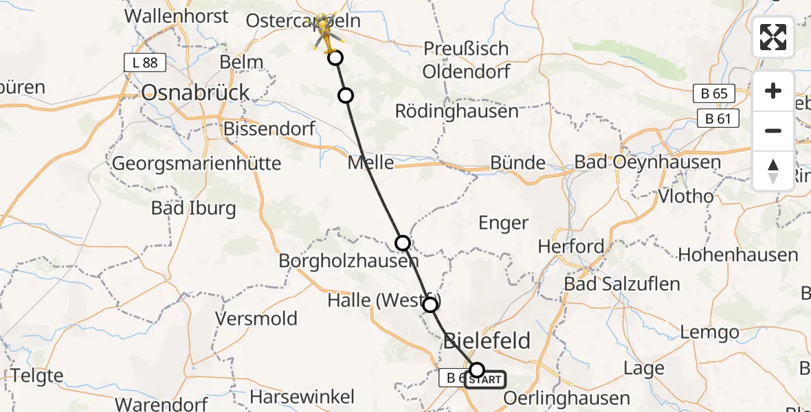 Flugroute Rettungshubschrauber Luftrettungszentrum Bielefeld - Ostercappeln, 08 Juni 2026, 16:42