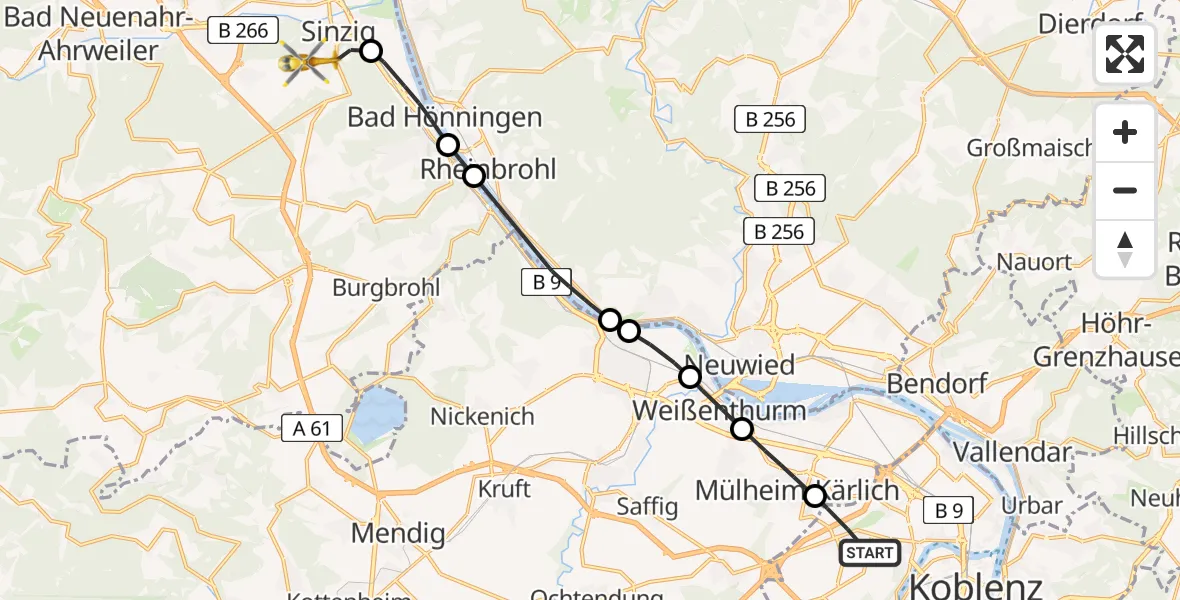 Flugroute Rettungshubschrauber Koblenz - Sinzig, 08 Juni 2026, 16:43