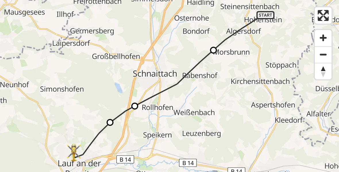 Flugroute Ambulanzhubschrauber Kirchensittenbach - Lauf a.d.Pegnitz, 08 Juni 2026, 16:43
