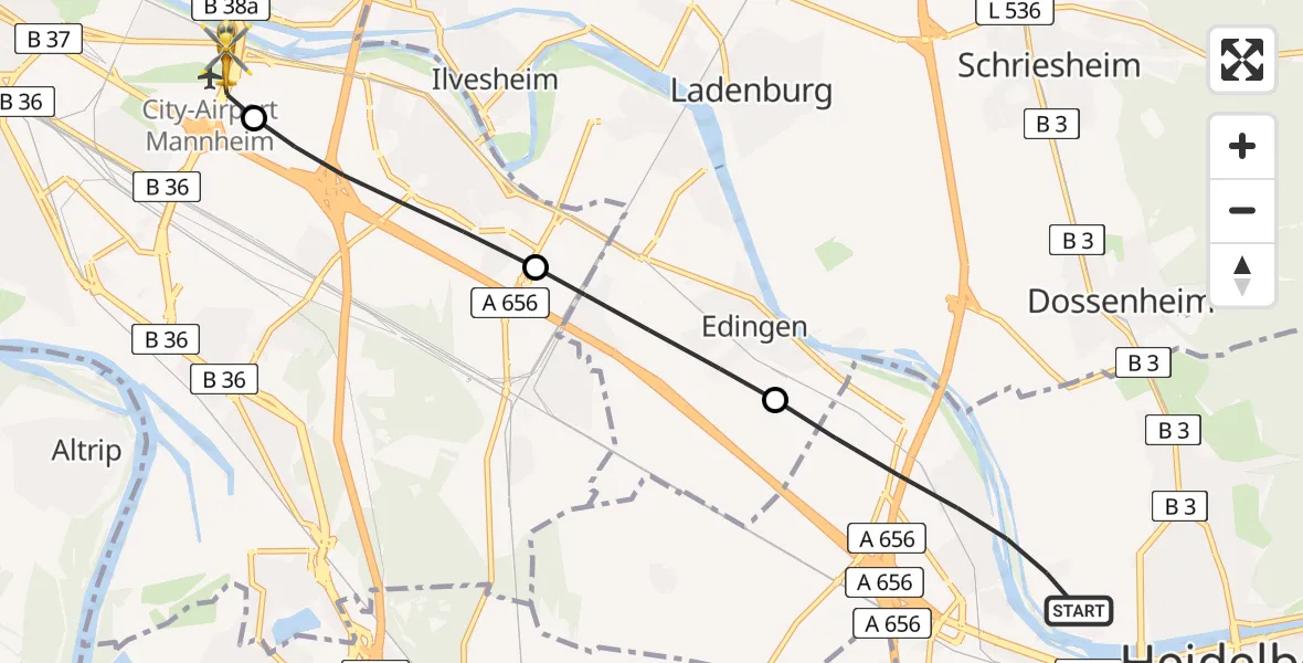 Flugroute Rettungshubschrauber Heidelberg - Mannheim-City Flughafen, 08 Juni 2026, 16:55