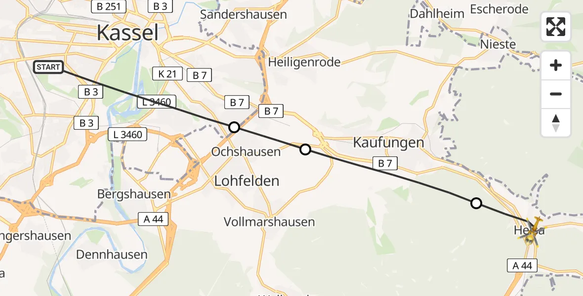 Flugroute Rettungshubschrauber Kassel - Helsa, 08 Juni 2026, 17:03