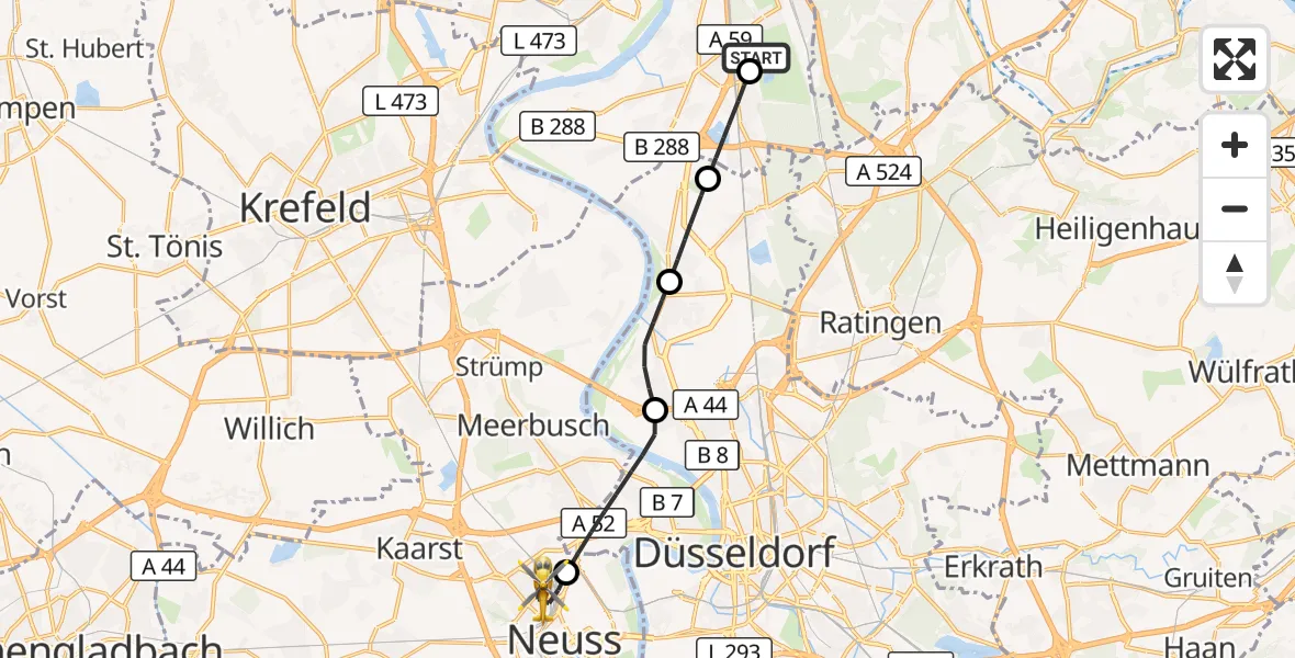 Flugroute Rettungshubschrauber Duisburg Air Rescue Hubschrauberlandeplatz (Christoph 9) - Neuss, 08 Juni 2026, 17:12