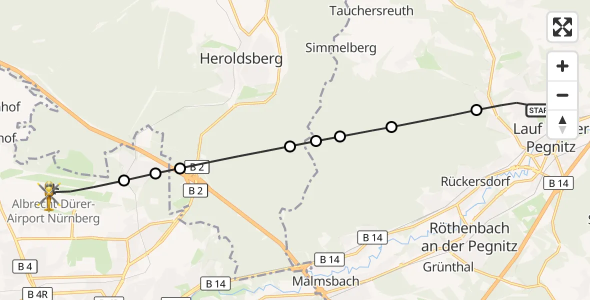 Flugroute Ambulanzhubschrauber Lauf a.d.Pegnitz - Flughafen Nuremberg, 08 Juni 2026, 17:15