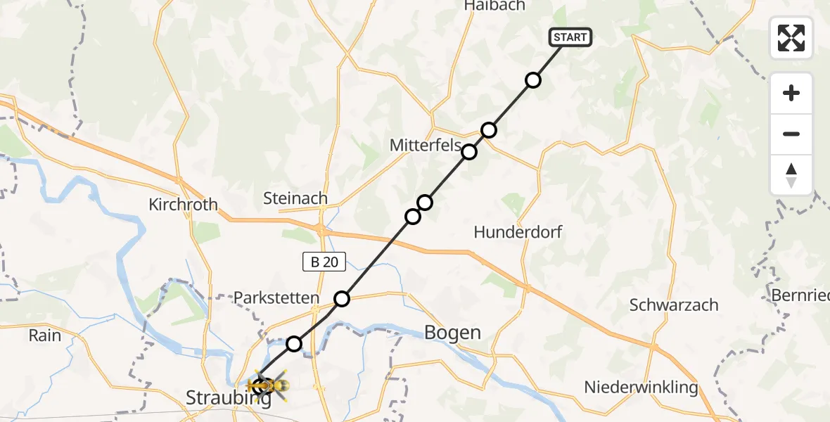 Flugroute Rettungshubschrauber Haibach - Sankt Elisabeth Hospital Straubing, 08 Juni 2026, 17:18
